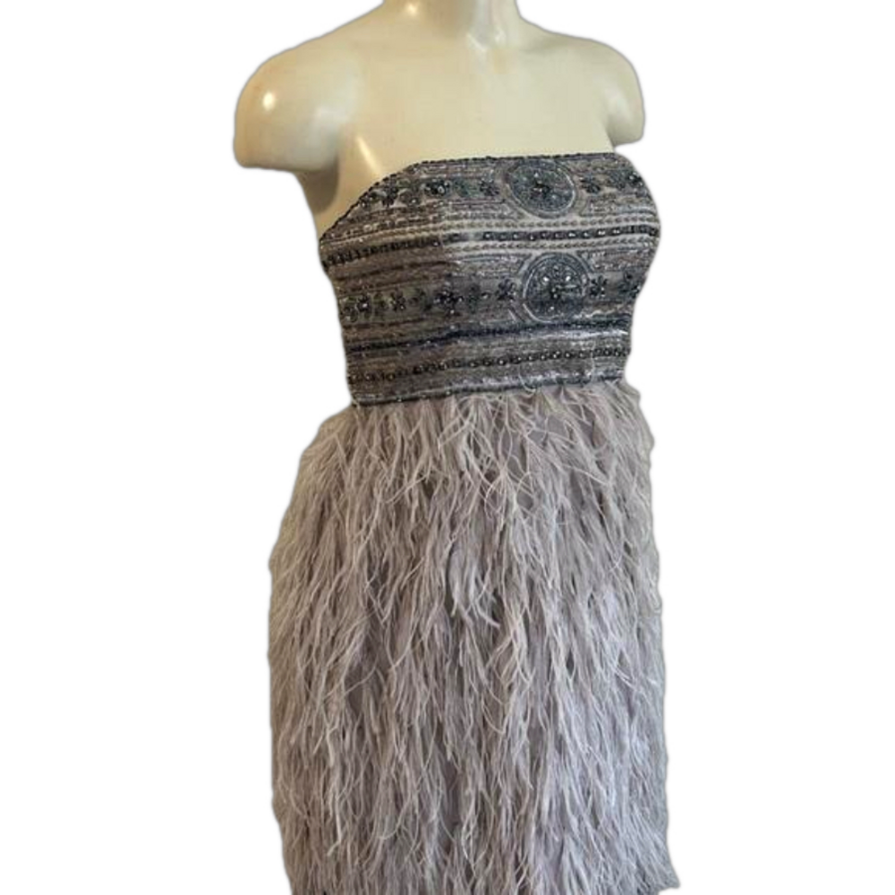 Sue Wong Nocturne Beaded / Ostrich Feather Knee Length Dress Sz 8 Nwt